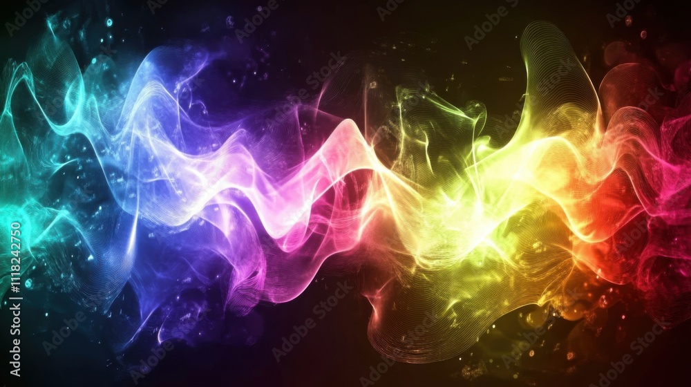 Poster soundwave patterns emit a radiant glow in a spectrum of colors, creating a captivating abstract disp