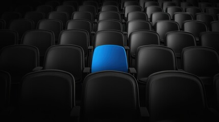 Fototapeta premium Repetitive blackandwhite stadium seats with one blue seat centered
