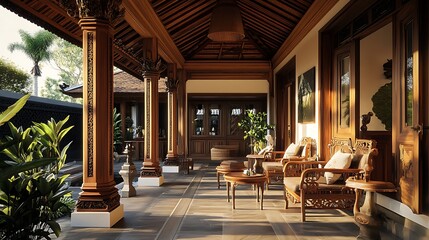 Fototapeta premium Sunlit veranda with ornate wooden pillars, seating, and plants.