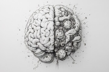 Artistic brain pencil drawing highlighting hemispheres intricate patterns representing creativity and logic with blank space for designs