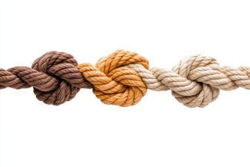 A close-up of multicolored ropes tied in a secure knot, isolated on white, illustrating the concept of unity, resilience, and collaboration
