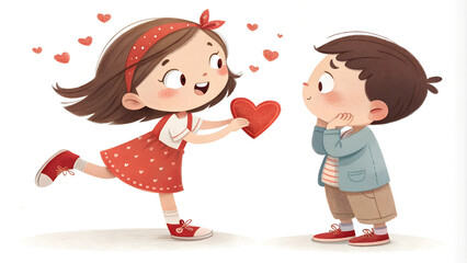 A cheerful girl giving a red heart to a shy boy, surrounded by floating hearts