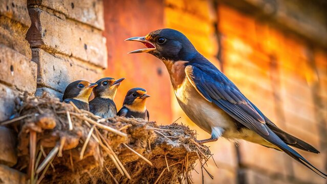 Barn Swallow Silhouette Nest Feeding Chicks Monastery Wall