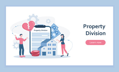 Property division landing page. Man and woman near contract and real estate. Divorced husband and wife divide property. Legal deal. Flat vector illustration