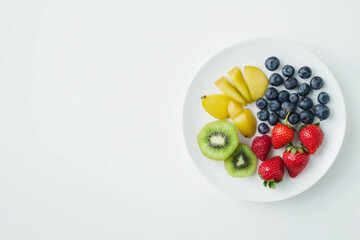 white plate with colorful assortment of fresh fruits including blueberries, strawberries, kiwi slices, and apple pieces, arranged on white background