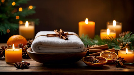 Photo of a warm and festive spa arrangement. A folded white towel is decorated with cinnamon sticks and anise stars, surrounded by glowing candles, dried oranges, and pine branches.