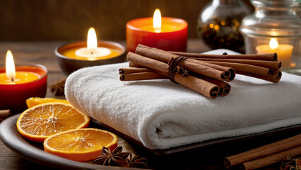 A close-up photo of warm and festive spa elements. A fresh towel placed on a plate is topped with cinnamon sticks and paired with dried orange slices.