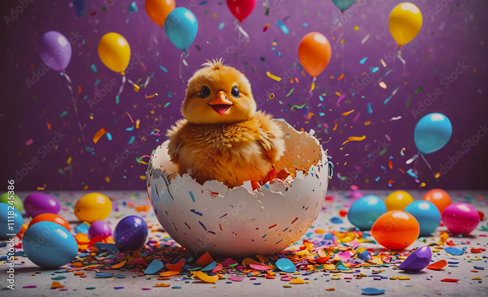 Poster a baby chicken is sitting in an eggshell with colorful balloons and confetti around it. the scene is