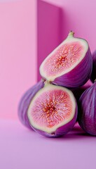 Close-up of Vibrant, Ripe Purple Figs, Highlighting Juicy Texture on a Pink Background