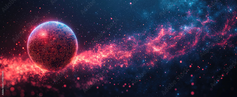 Canvas Prints digital space for background, sphere as planet in cyberspace with glowing dots, lights and fire. the
