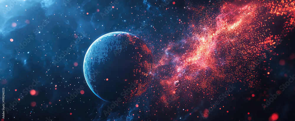 Wall mural digital space for background, sphere as planet in cyberspace with glowing dots, lights and fire. the
