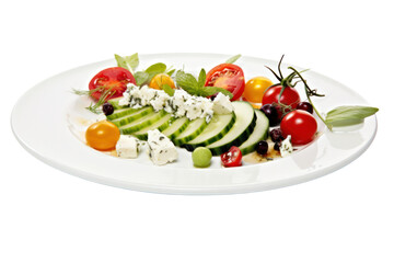 An assortment of individual salad components arranged artistically on a white plate, including cherry tomatoes, cucumber slices, olives, and feta cheese crumbles. Each ingredient is distinctly visible