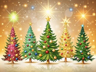 Obraz premium Christmas Tree Night Photography Illustration - Six Trees with Stars