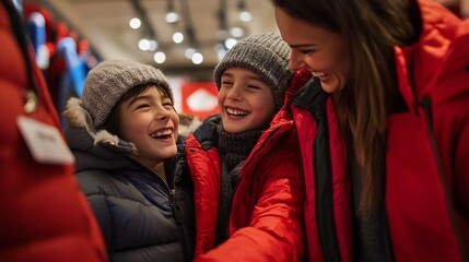 Fototapeta premium Happy Family Shopping Together in Cozy Winter Clothing Store
