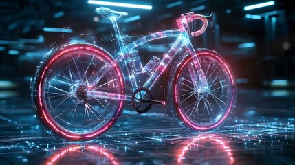 Fototapeta premium Neon Lit Bicycle in Surreal Cityscape with Glowing Spokes and Pedals