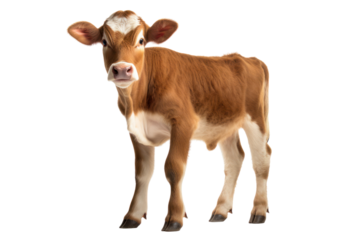 A young cow calf standing alert, ears perked up, with a smooth coat and a curious gaze