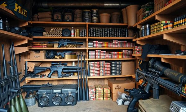 Discovering a hidden armory filled with various firearms and ammunition in a secluded location