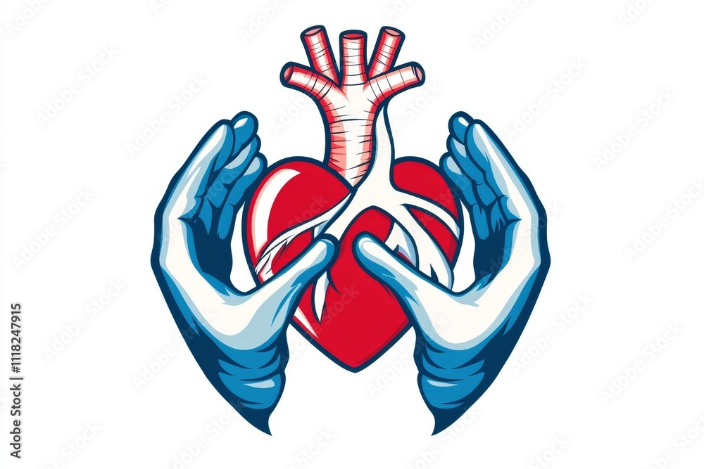 Poster a flat design of a heart symbol with two hands performing chest compressions, rendered in bold red a