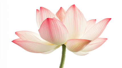 Fototapeta premium Delicate pink and white lotus blossom on a white background exhibiting elegance and serenity.