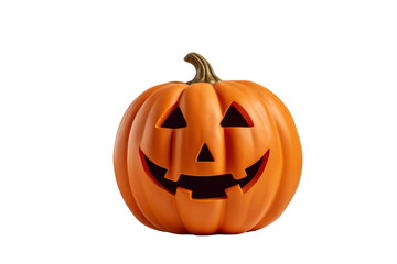 A whimsical jack-o'-lantern with a friendly smile and oversized, cartoonish eyes. The pumpkin is set at a slight angle, showcasing its perfectly round shape and bright orange hue.