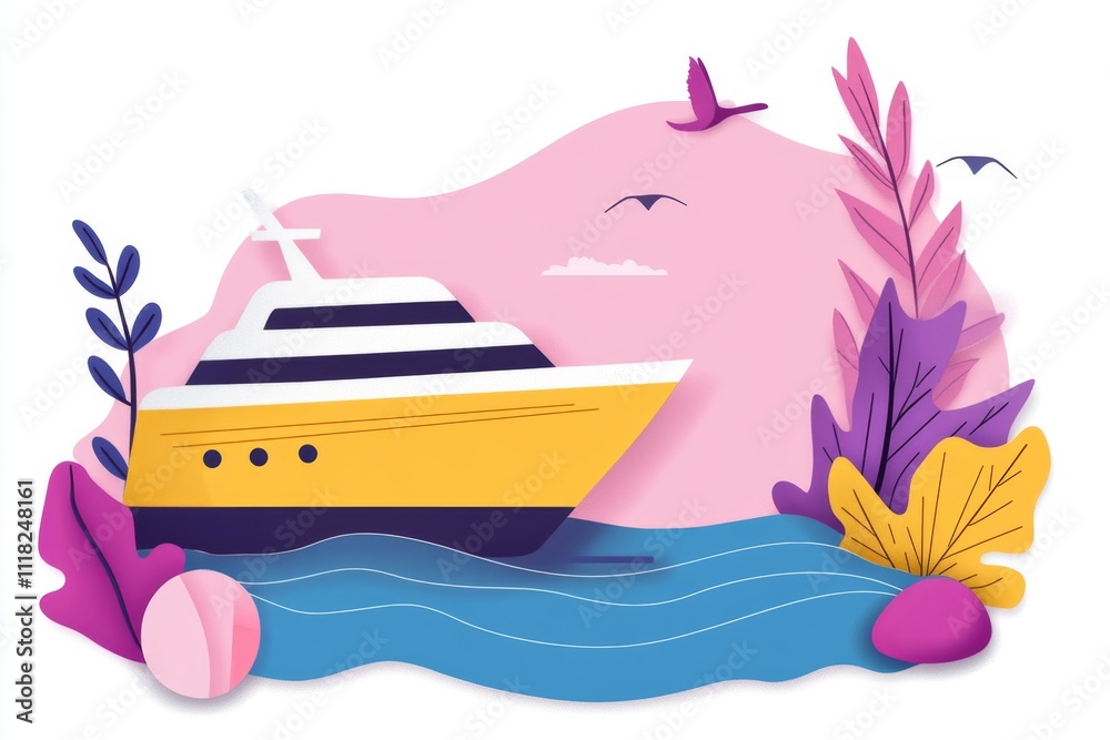 Aufkleber a flat vector design of a cruise ship icon surrounded by abstract waves, drawn in clean geometric sh