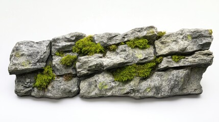 A rugged stone wall with uneven moss patches, isolated on a smooth white backdrop for contrast