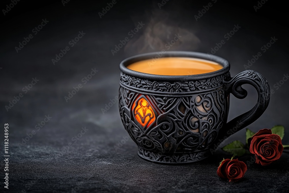Poster a gothic-style coffee cup with intricate patterns, surrounded by dark roses and illuminated by a fai