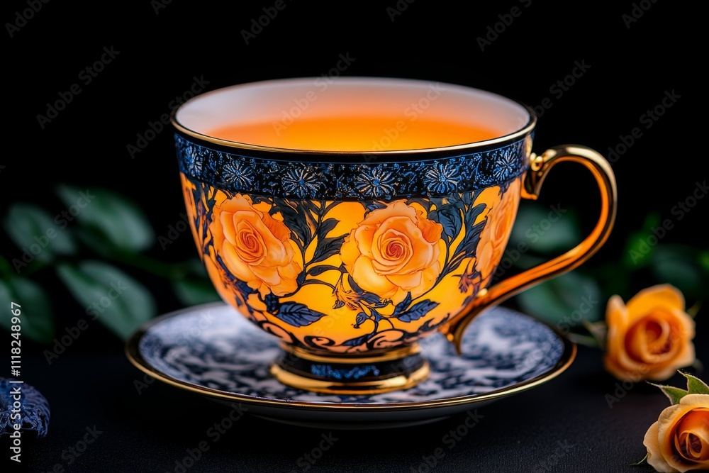 Poster a gothic-style coffee cup with intricate patterns, surrounded by dark roses and illuminated by a fai