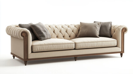 Elegant beige tufted sofa with plush cushions against a white background, showcasing exquisite design and comfort.