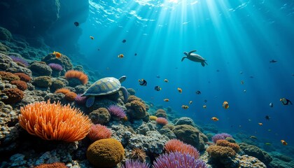 Naklejka premium Vibrant Underwater Scene with Coral Reef and Sea Turtle