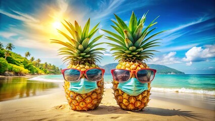 Obraz premium Double Exposure Pineapples in Masks on Vacation - AI Photo
