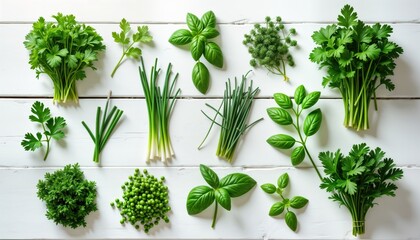Fototapeta premium Fresh herbs, spices arranged on white wooden surface. Bunches of parsley chives basil, mint visible. Chopped pieces of herbs also present. Top view flat lay. Ideal for food photography recipe