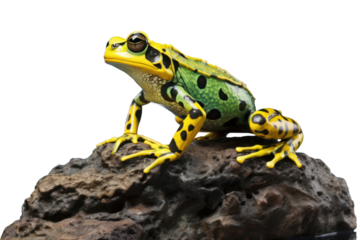A vibrant African Pixie Frog sitting on a smooth rock in a natural habitat, showcasing its striking green and yellow coloration, with intricate textures on its skin. The frog is captured mid-leap