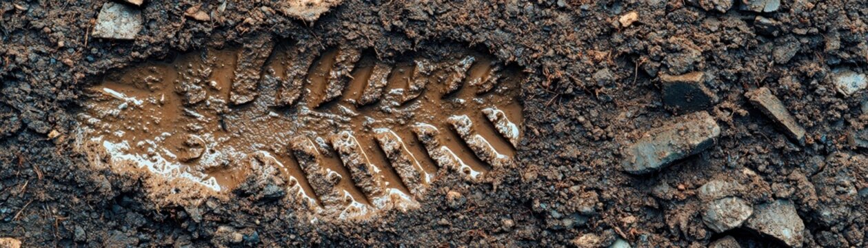A close-up of a shoeprint embedded in soft earth, showcasing the tread pattern against a backdrop of dirt and small rocks.