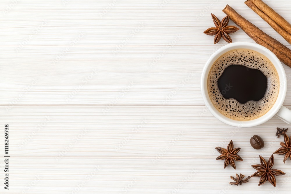 Poster a high-resolution image of a coffee cup with foam art, set against a rustic wooden background with s