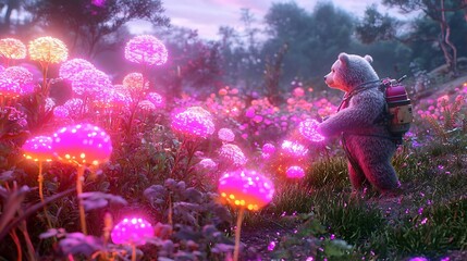A Surreal Neon Lit Field with a Bear Farmer Harvesting Glowing Crops