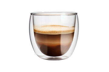 A transparent glass coffee cup with a double-walled design, allowing the viewer to see the aromatic coffee inside. The cup is positioned on a white surface, reflecting light beautifully