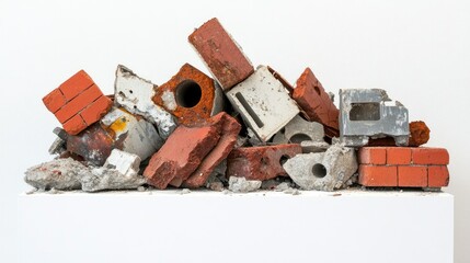 A side view of mixed construction garbage, showcasing red bricks, concrete blocks, and rusted metal pieces on a white surface