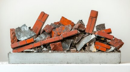 A side view of mixed construction garbage, showcasing red bricks, concrete blocks, and rusted metal pieces on a white surface