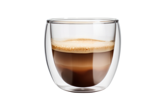 A transparent glass coffee cup with a double-walled design, allowing the viewer to see the aromatic coffee inside. The cup is positioned on a white surface, reflecting light beautifully