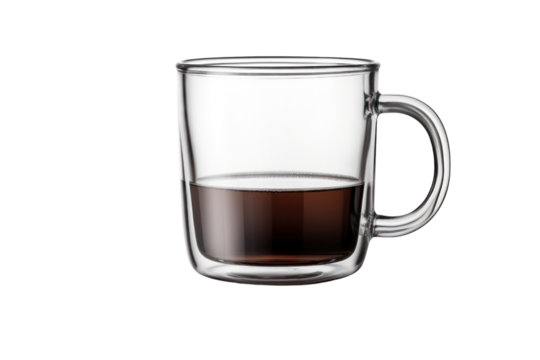 A transparent glass coffee cup with a double-walled design, allowing the viewer to see the aromatic coffee inside. The cup is positioned on a white surface, reflecting light beautifully