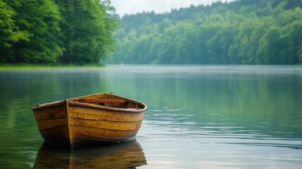 Obraz premium Rustic wooden boat resting peacefully on calm water.