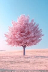 Naklejka premium Solitary Pastel Pink Cherry Blossom Tree in Bloom, a Serene Landscape Under a Pale Blue Sky
