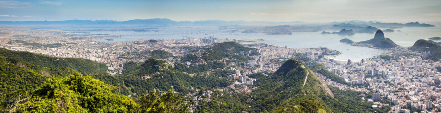 Rio de Janeiro, brazil, Corcovado hill, Carioca landscapes between the mountain and the sea classified UNESCO World Heritage, panoramic and  elevated view of Guanabara Bay and Sugar Loaf