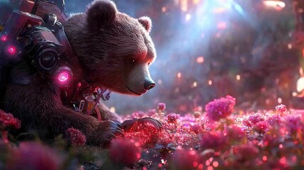 Surreal Neon Lit Bear Farmer Harvesting Glowing Crops in Fantasy Field