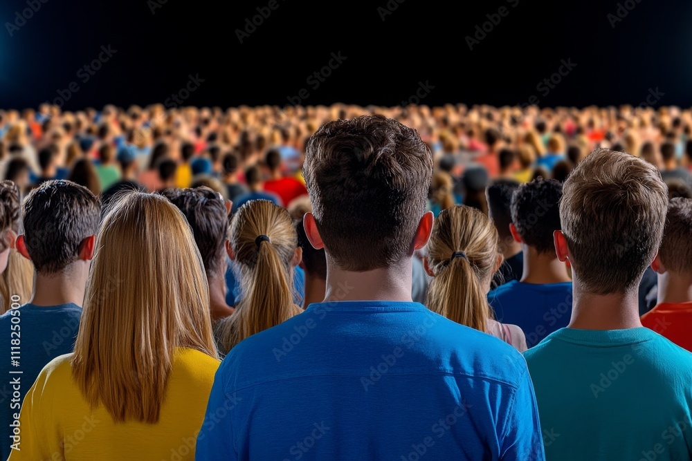 Poster A hyper-realistic image of a tightly packed crowd at a nighttime event, with intricate details of each person face illuminated by stage lights