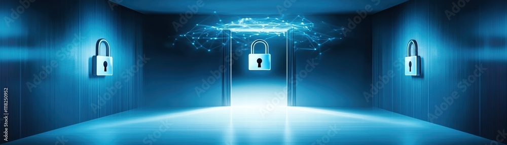 Poster exploring quantum computing security solutions in a futuristic workspace ai-driven technology digita