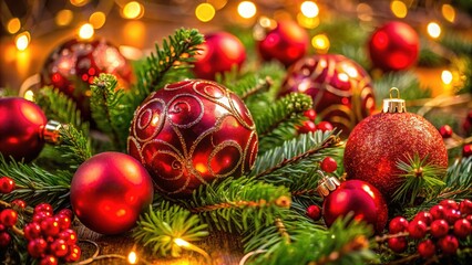 Festive Christmas Close-Up, Vibrant Balls, Lush Greenery, Lights