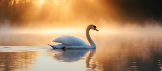 Fototapeta premium Majestic swan gracefully gliding on calm misty lake at sunrise.