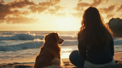 Woman and Dog Watching Sunset on Beach with Waves Crashing Softly